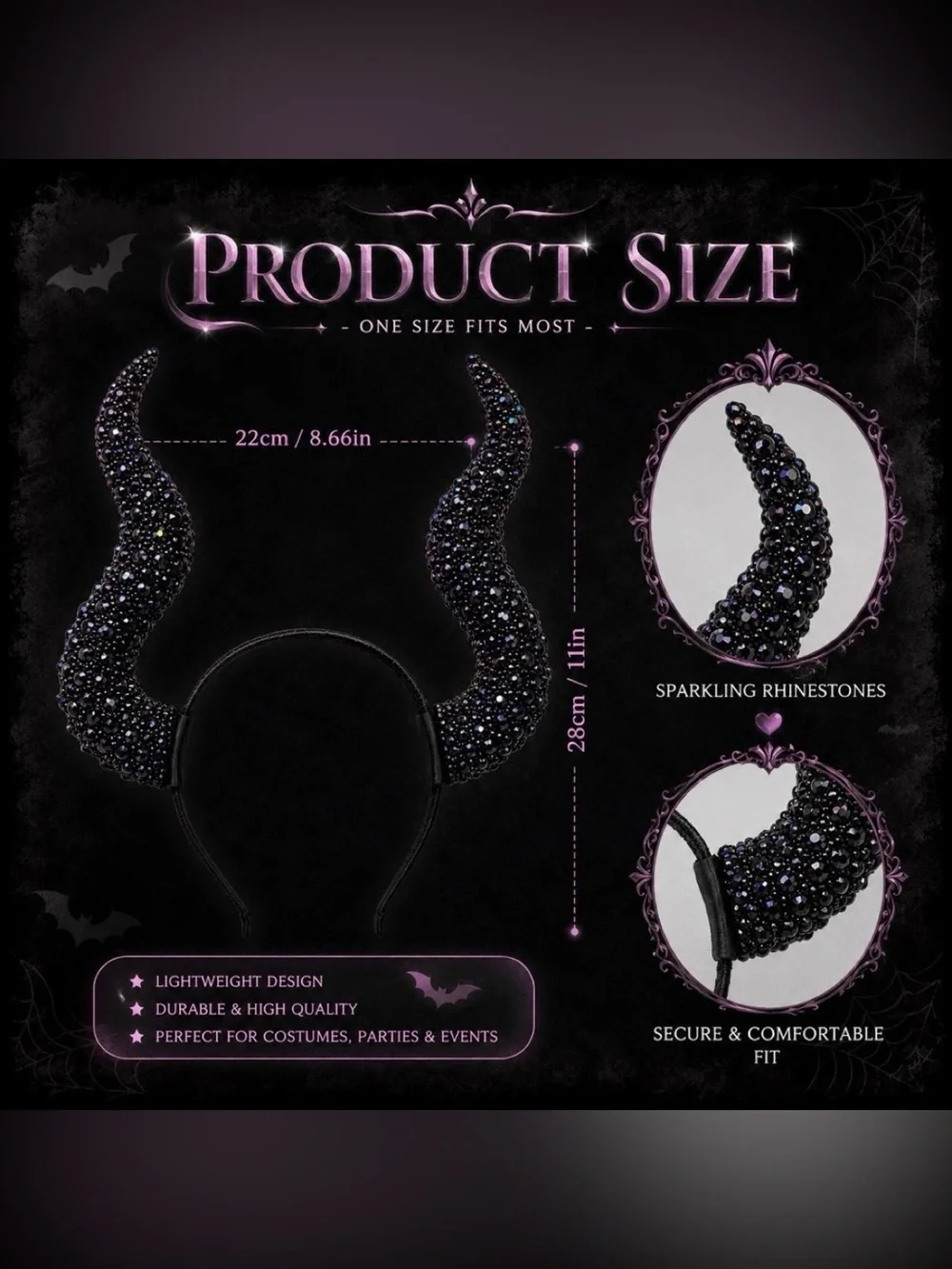 Jet Black Rhinestone Gothic Horns Headband New